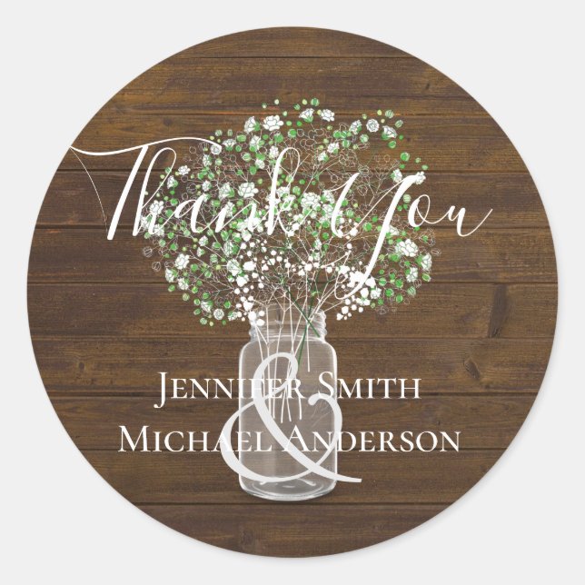 Budget Rustic Gypsophila Mason Jar Wedding Classic Round Sticker (Front)