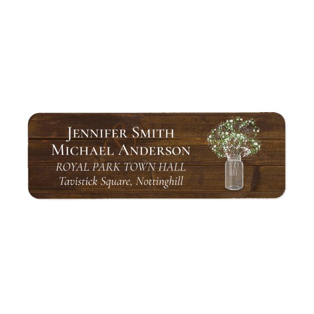 Budget Rustic Gypsophila Mason Jar Wedding Label (Front)