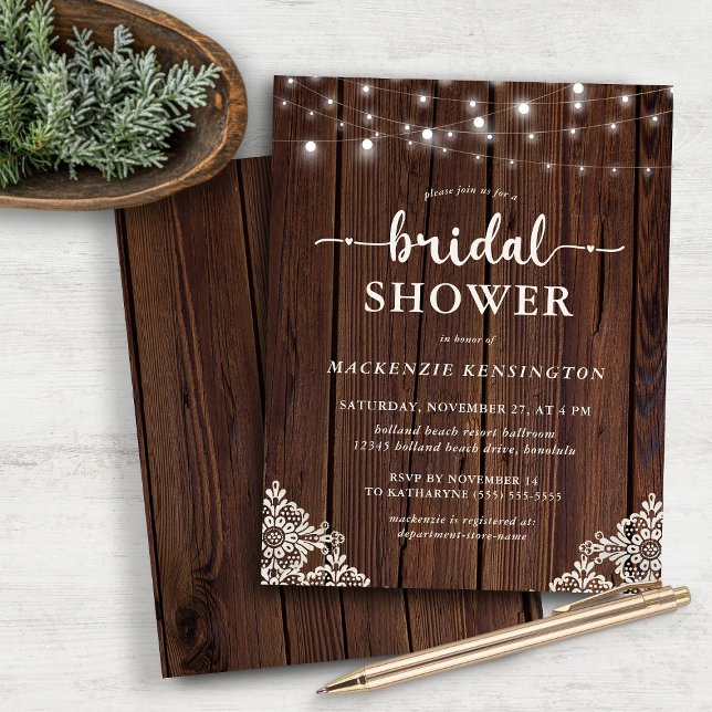 BUDGET Rustic Lace Wood String Light Bridal Shower (BUDGET Rustic Lace Wood String Light Bridal Shower Invitation)