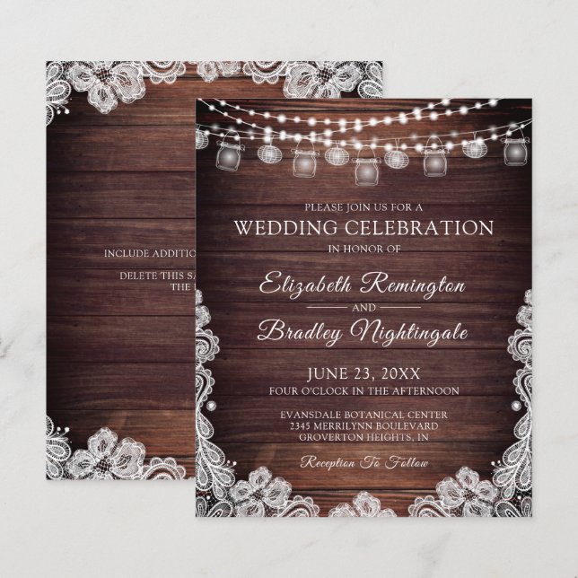 Budget Rustic Lights Jars Lace Wedding Invitation (Front/Back)