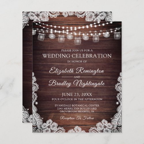 Budget Rustic Lights Jars Lace Wedding Invitation