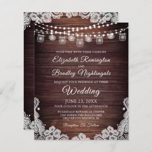 Budget Rustic Lights Jars Lace Wedding Invitation