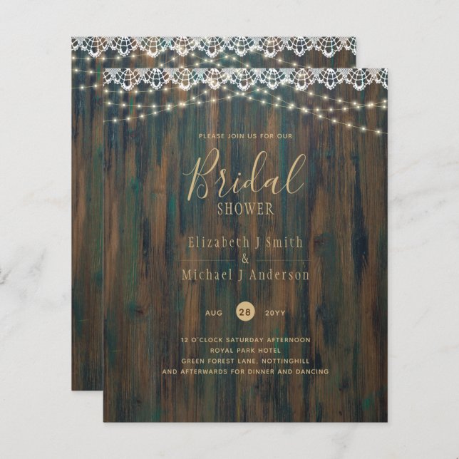 BUDGET RUSTIC LIGHTS LACE BRIDAL SHOWER INVITE FLY (Front/Back)