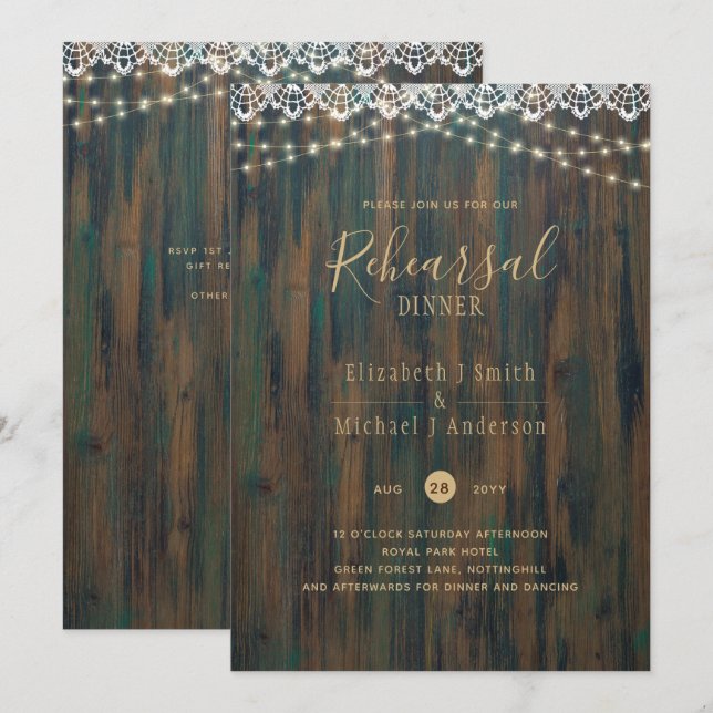 BUDGET RUSTIC LIGHTS LACE REHEARSAL DINNER Invite (Front/Back)