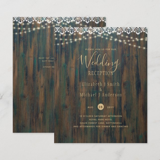 BUDGET RUSTIC LIGHTS LACE WEDDING RECEPTION INVITE (Front/Back)