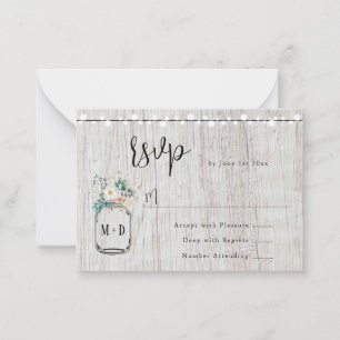 Budget Rustic Lights Mason Jar Wedding RSVP Card