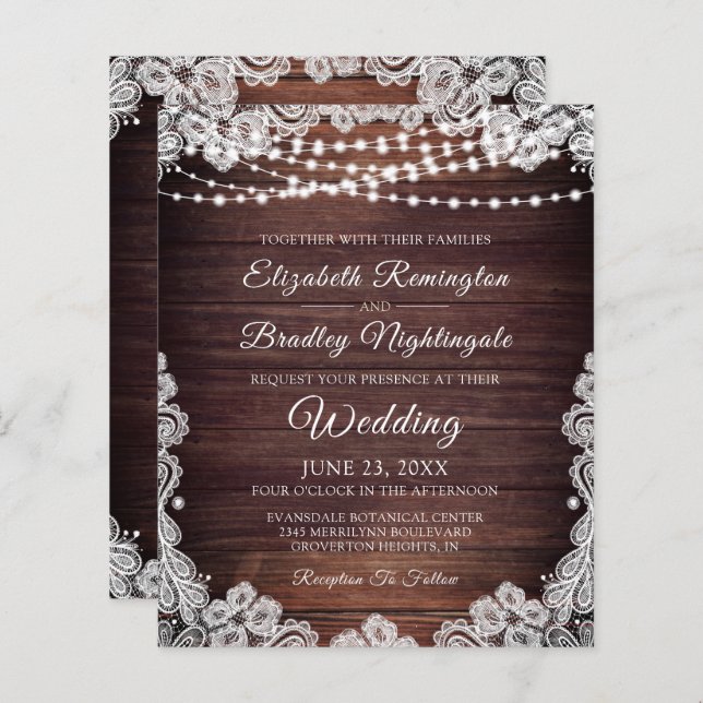 Budget Rustic Lights White Lace Wedding Invitation (Front/Back)