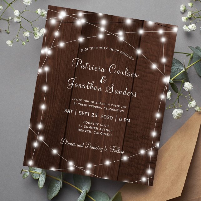 Budget rustic lights wood wedding invitation (Creator Uploaded)