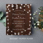Budget rustic lights wood wedding invitation flyer<br><div class="desc">Rustic country budget affordable wedding invitation with strings of lights on a dark brown barn wood background and a chic calligraphy script, Suitable for summer, autumn fall, or winter garden, backyard, outdoor, barn, farmhouse weddings. PLEASE READ THIS BEFORE PURCHASING! This is a budget affordable wedding paper printed on a FLYER...</div>