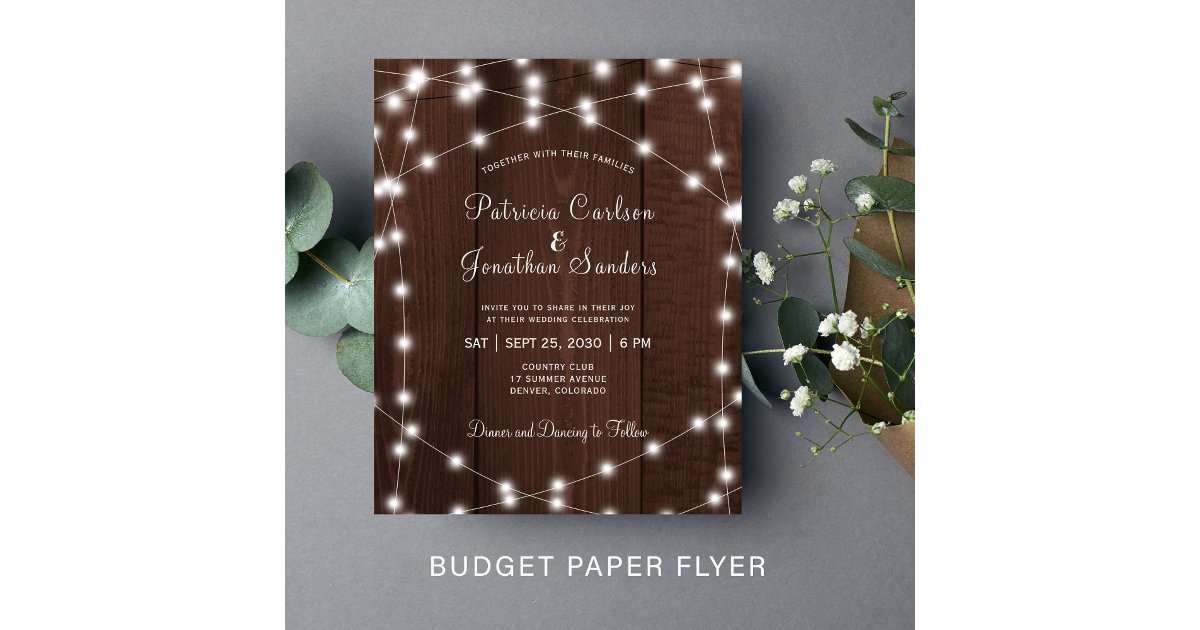 Rustic Event Flyer Budget rustic lights wood wedding invitation flyer | Zazzle