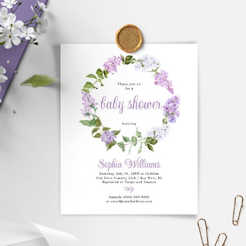 Budget Rustic Lilac Flowers Baby Shower Invitation