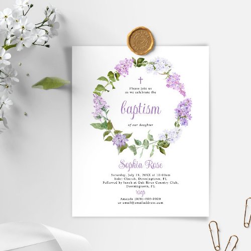 Budget Rustic Lilac Flowers Baptism Invitation