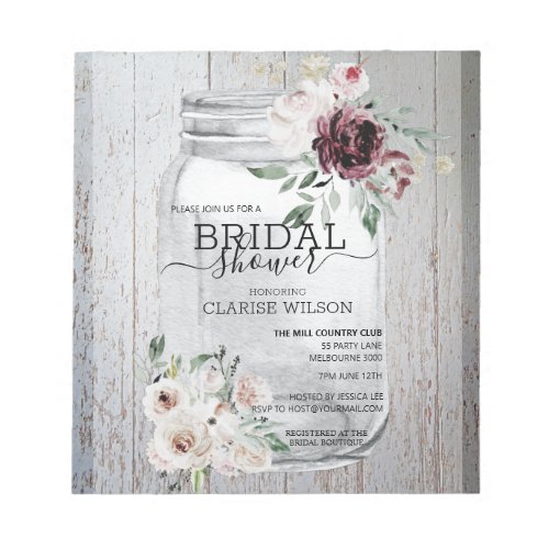 BUDGET Rustic Mason Jar Bridal Shower Invitation Notepad