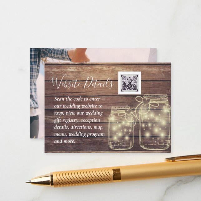 BUDGET Rustic Mason Jar Lights Wood WEDDING Enclosure Card (Front/Back In Situ)