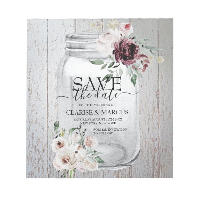 BUDGET Rustic Mason Jar Save The Date Invitation Notepad (Front)