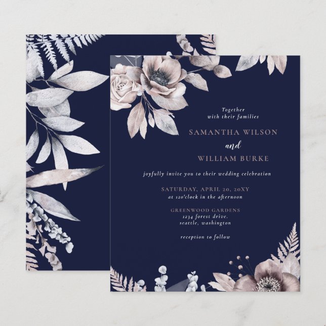 Budget Rustic Navy Floral Wedding Invitation (Front/Back)