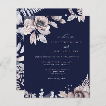 Budget Rustic Navy Floral Wedding Invitation