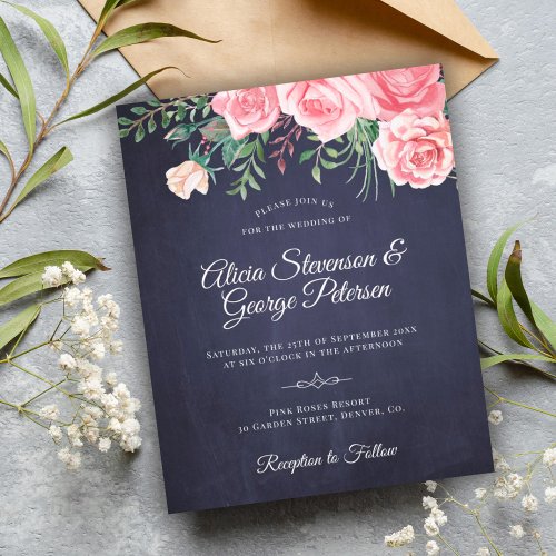 Budget rustic navy pink floral wedding invitation