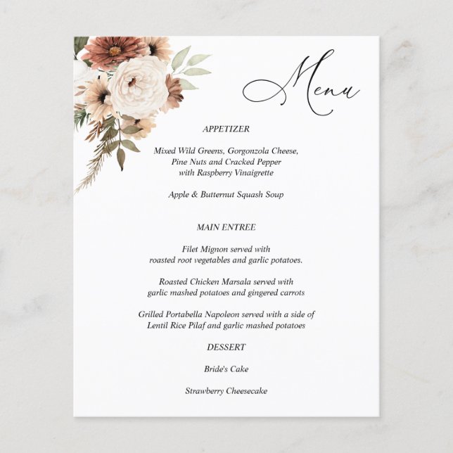 Budget Rustic Neutral Boho Floral Menu Flyer (Front)