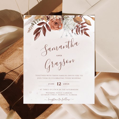 Budget Rustic Neutral Boho Floral Wedding Invite