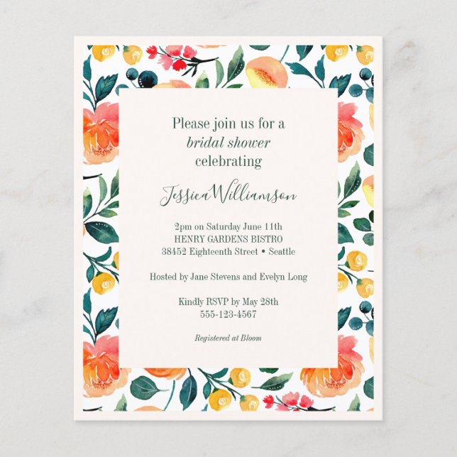 Budget Rustic Orange Flowers Bridal Shower Invite (Front)