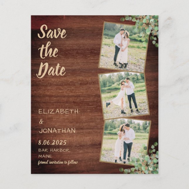 Budget Rustic Photo Save The Date Eucalyptus Wood (Front)
