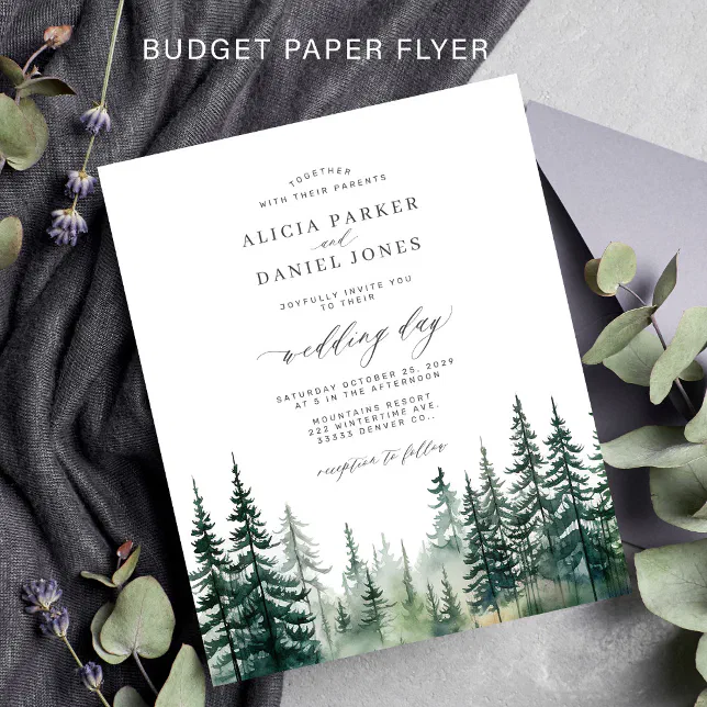 Budget rustic pine trees forest wedding invitation flyer | Zazzle