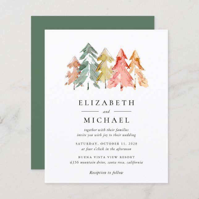 Budget Rustic Pine Trees Watercolor Invitation (Front/Back)
