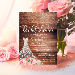 BUDGET Rustic Pink Floral White Gown Bridal Shower Invitation