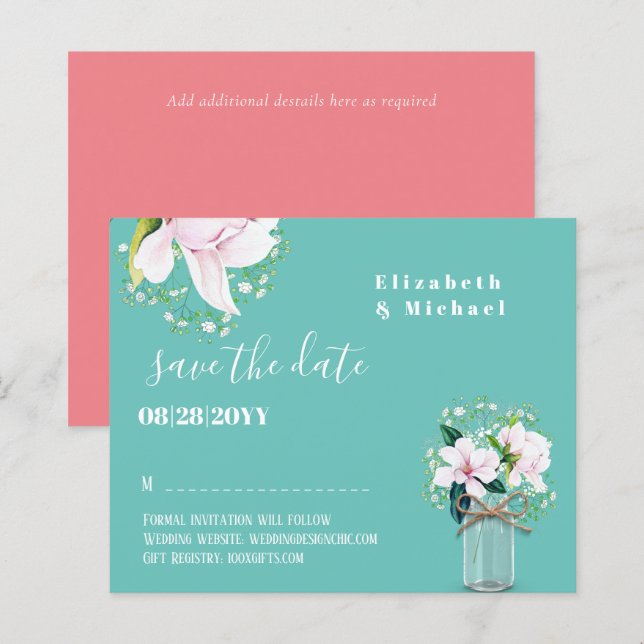 BUDGET Rustic Pink Magnolias Floral Save The Dates (Front/Back)