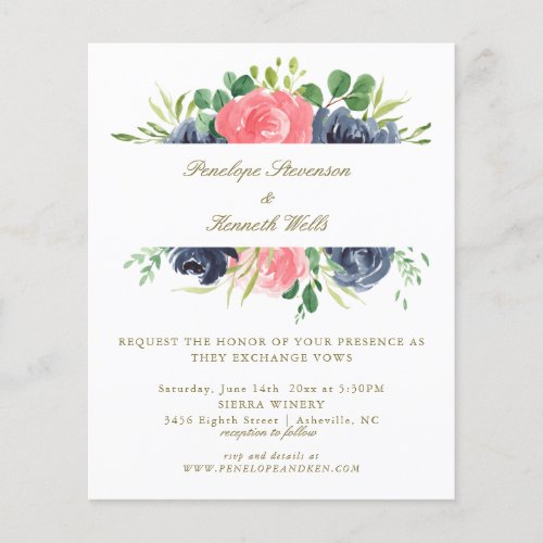 Budget Rustic Pink Navy Rose Floral Wedding Invite