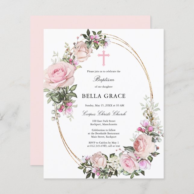 Budget Rustic Pink Rose Floral Baptism Invitation (Front/Back)