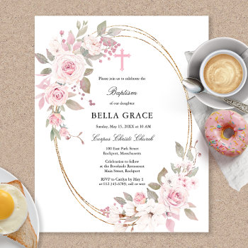Budget Rustic Pink Rose Floral Baptism Invitation by Celebrais at Zazzle