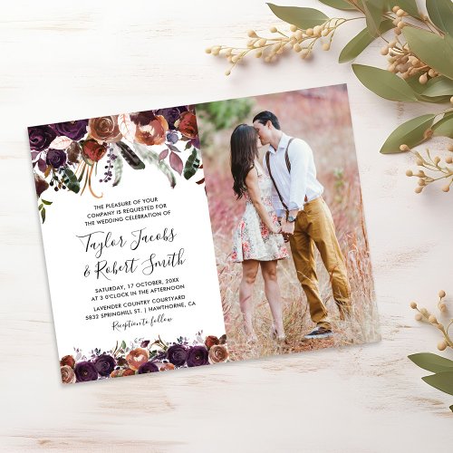 Budget Rustic Plum Floral Photo Wedding Invitation