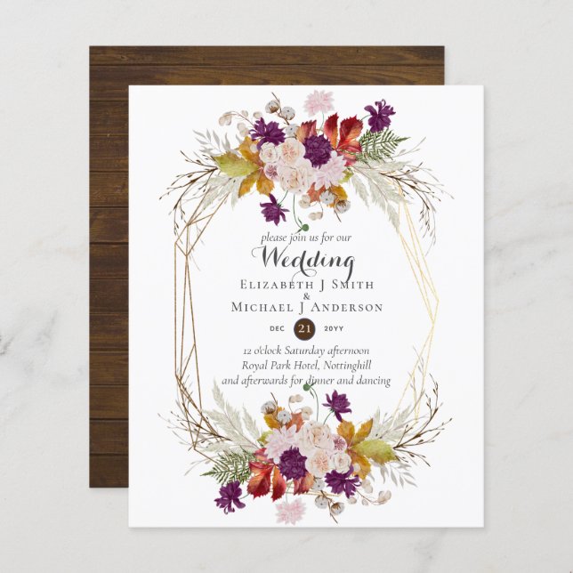 Budget Rustic Plum Floral Wedding Fall Invites (Front/Back)