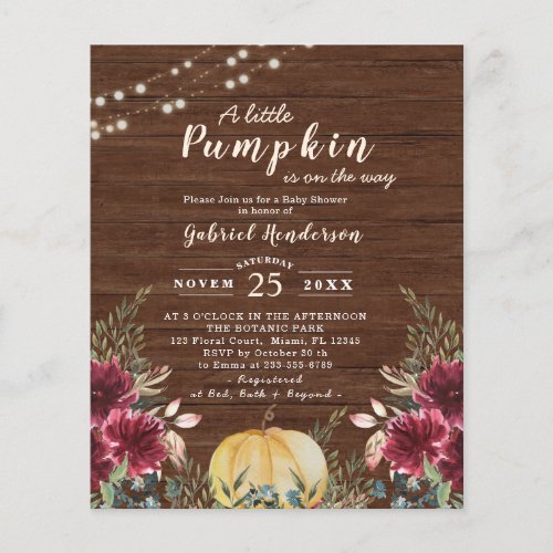 Budget Rustic Pumpkin Baby Shower Light Invitation