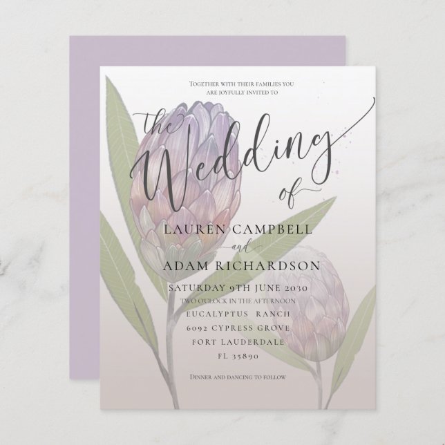 Budget Rustic Purple  Floral Wedding Invitation (Front/Back)