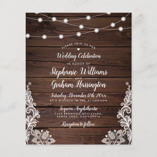 Budget Rustic Script String Lights & Lace Wedding