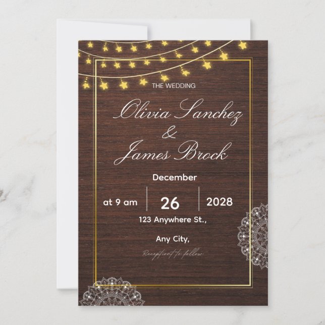 Budget Rustic String Lights and wood wedding  Invitation (Front)