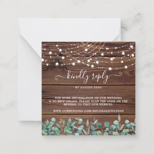 Budget Rustic String Lights QR Code Wedding RSVP Note Card - Invite friends and family to your wedding with these budget elegant yet rustic wood with string lights and eucalyptus greenery wedding invitations and rsvp cards. These wedding RSVP cards feature elegant white string lights on barn wood with with botanical greenery design and your custom QR code for easy RSVP.. COPYRIGHT © 2020 Judy Burrows, Black Dog Art - All Rights Reserved. Budget Rustic String Lights QR Code Wedding RSVP Note Card