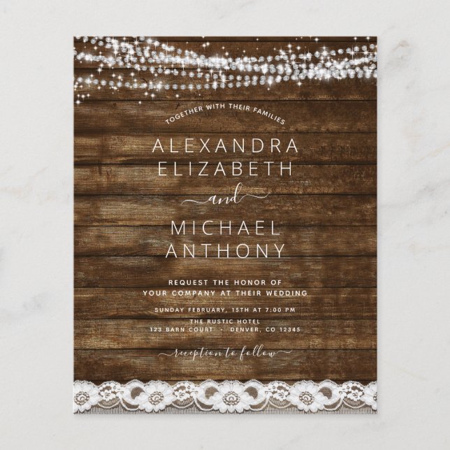 Budget Rustic String Lights Wedding Invitation Flyer (Front)