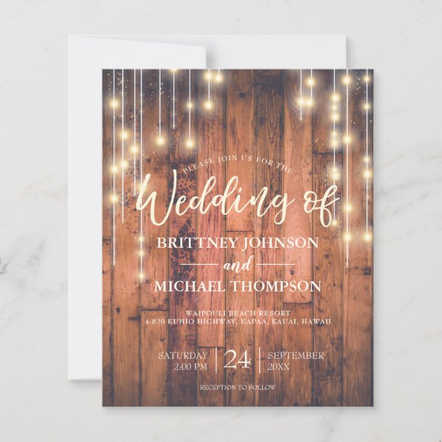 Budget Rustic String Lights Woo Wedding Invitation (Front)
