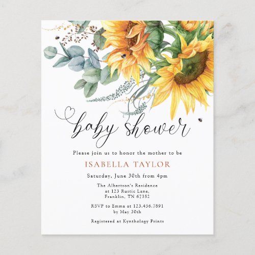 Budget Rustic Sunflower Baby Shower Invitation Flyer