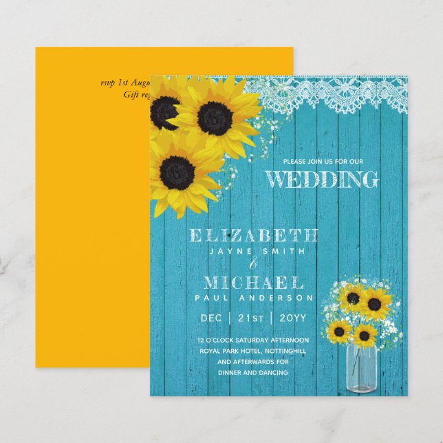 BUDGET Rustic Sunflower BabysBreath Wedding Invite (Front/Back)