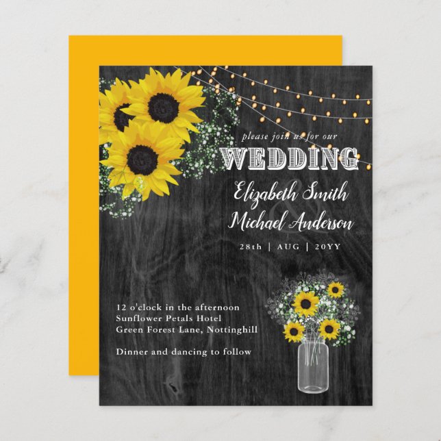BUDGET Rustic Sunflower BabysBreath Wedding Invite (Front/Back)