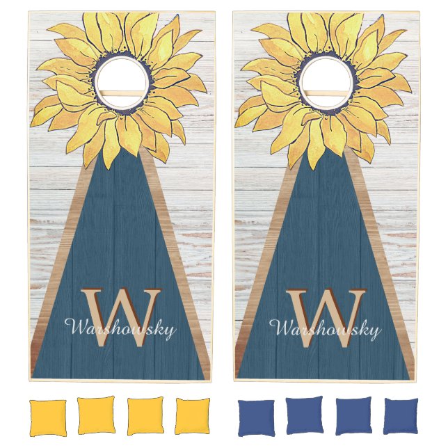 Budget Rustic Sunflower Blue White Wood Cornhole Set (Set)