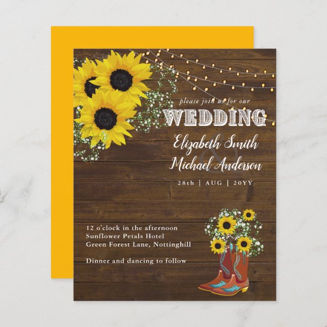 BUDGET Rustic Sunflower Cowboy Boot Wedding Invite (Front/Back)