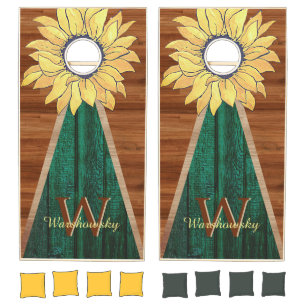 Budget Rustic Sunflower Emerald Green Wood Cornhole Set
