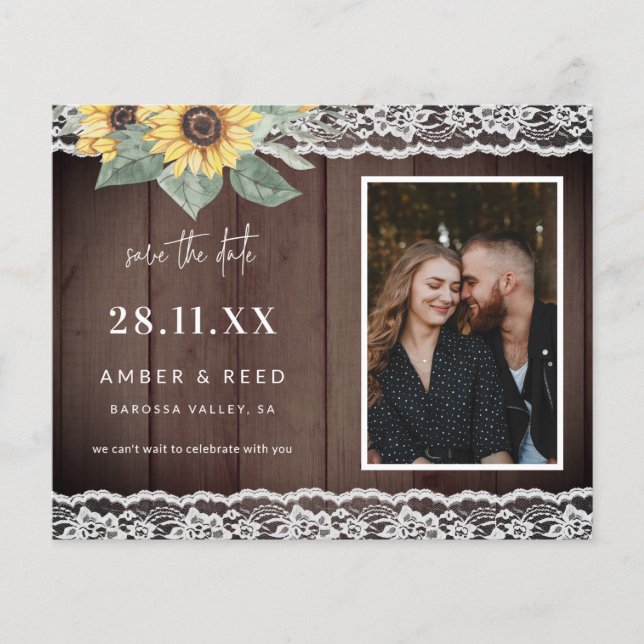 Budget Rustic Sunflower & Lace Photo Save The Date (Front)
