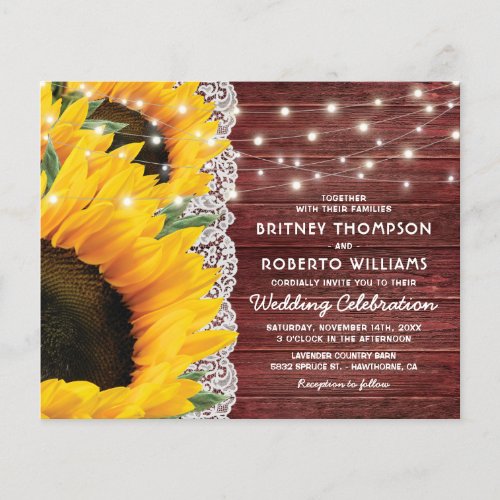 Budget Rustic Sunflower Lace Wedding Invitation - Budget country wedding invitations featuring a rustic barn wooden background, yellow sunflowers, bridal lace, twinkle string lights and an elegant wedding template.